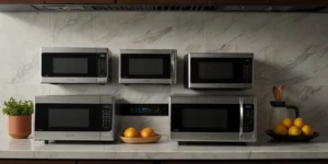 Different models of countertop microwaves showcasing various sizes and design.