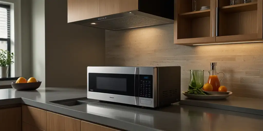 Image showing a microwave with useful accessories like a 10-inch microwave plate and vent hood, emphasizing its modern features and settings.