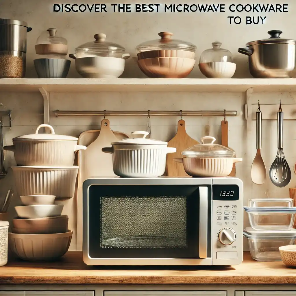 Best microwave cookware including glass containers, ceramic bowls, silicone steamers, and BPA-free plastic dishes arranged on a modern kitchen countertop near a microwave.