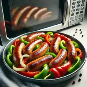 Italian sausage cooking in a microwave with bell peppers and onions