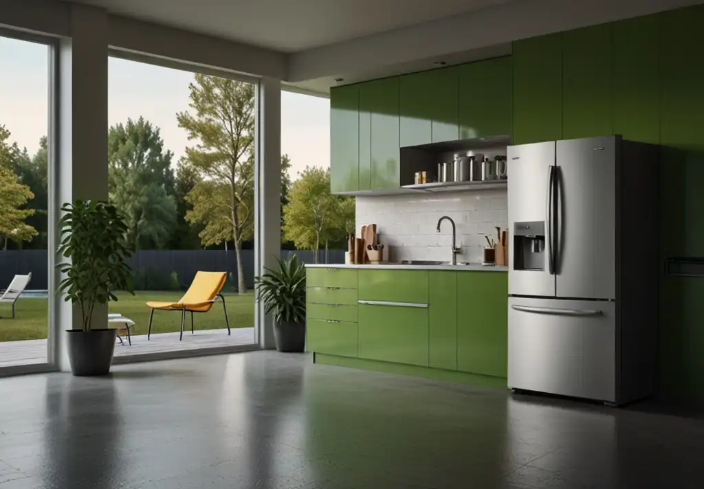 Choosing Energy-Efficient Appliances in a modern kitchen with glowing ENERGY STAR labels, solar panels in the background, and green plants emphasizing eco-friendly living.