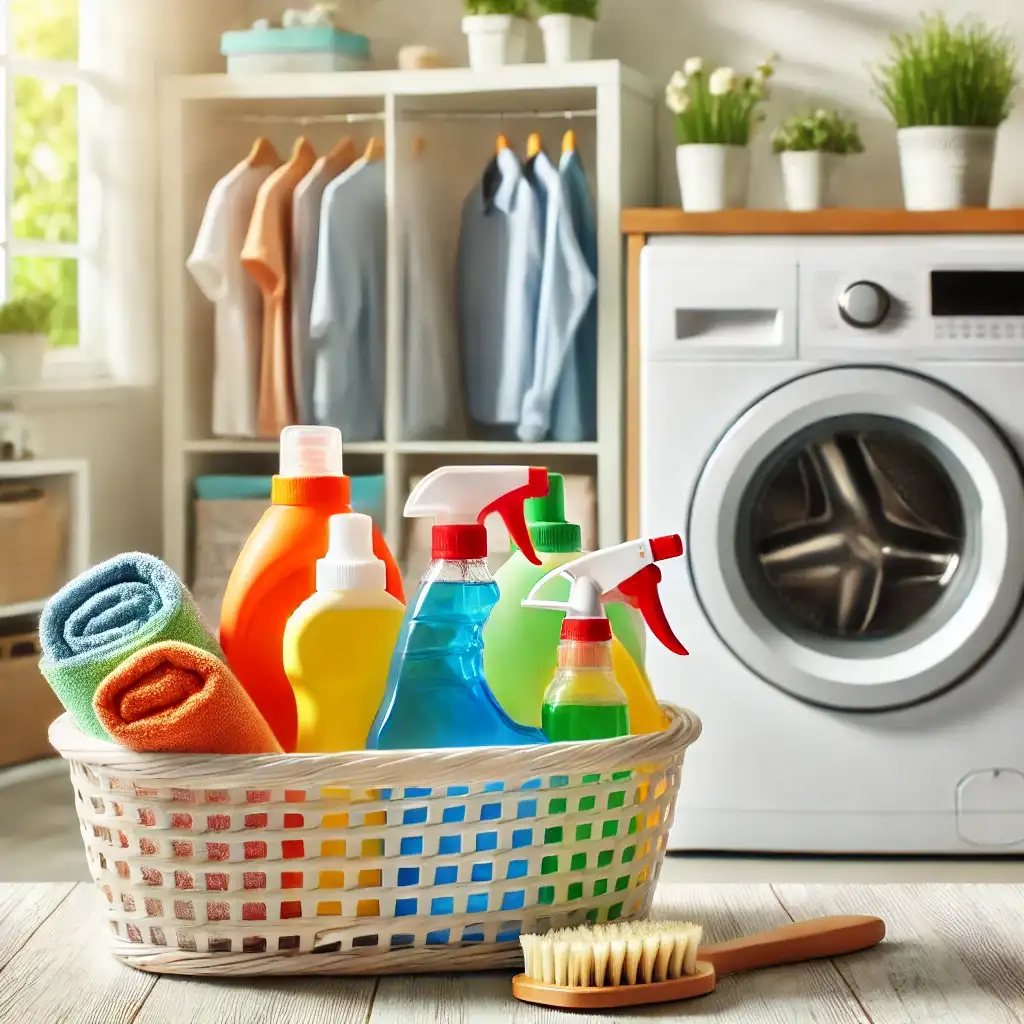 A bright and organized Laundry Stain Removal Tips room featuring a white washing machine, a basket of neatly folded clothes, and a colorful stain removal kit on the countertop.