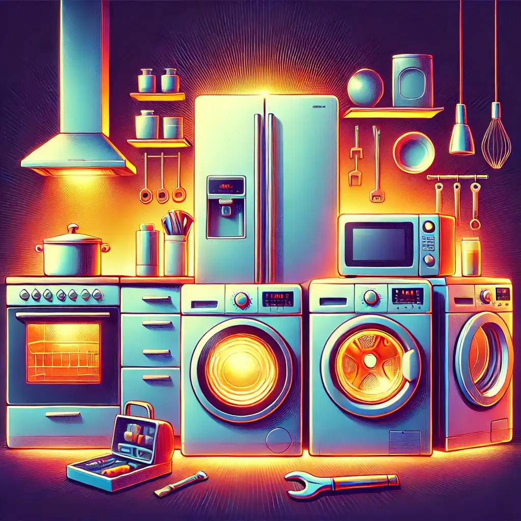 Illustration of Home Appliances Troubleshooting like a refrigerator, washing machine, and microwave in a modern kitchen with tools for troubleshooting and maintenance.